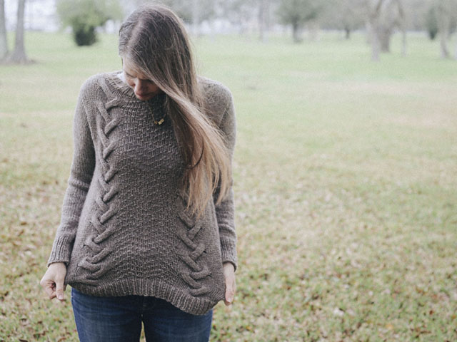 Image of me in The Edge sweater knit in affordable Cascade Eco yarn.