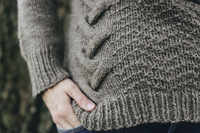 Image of a detail of the cables in The Edge sweater.