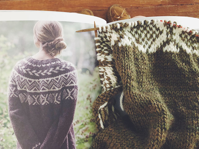 Image of my Birch sweater by Pam Allen next to the pattern book.