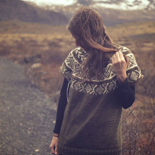 Image of me in my half-finished Birch sweater in Iceland.