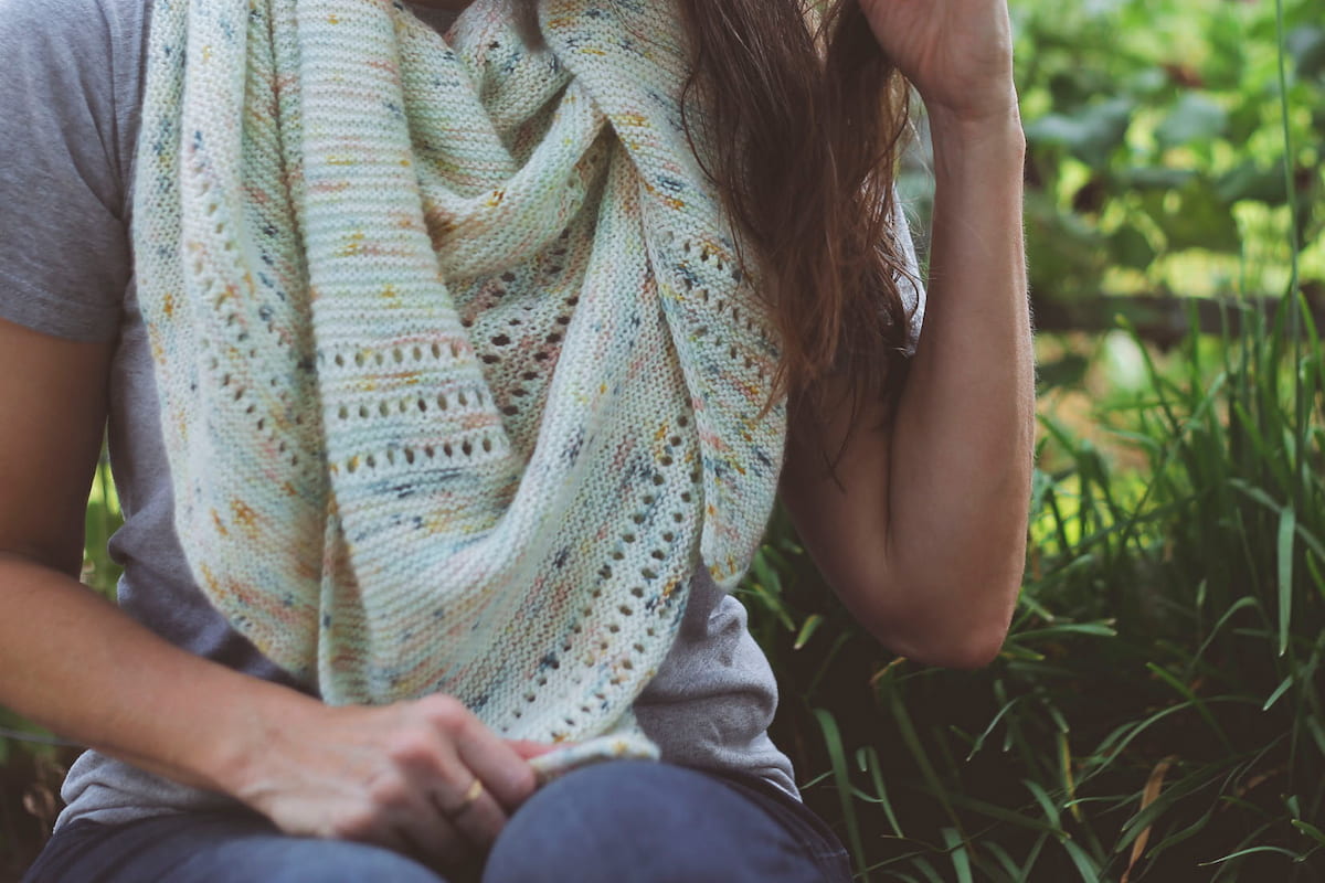 Image of my Intuition shawl in Stress Knits yarn.