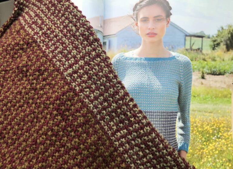 Image of my Umnia sweater in progress with the Martin Storey sample in the background.