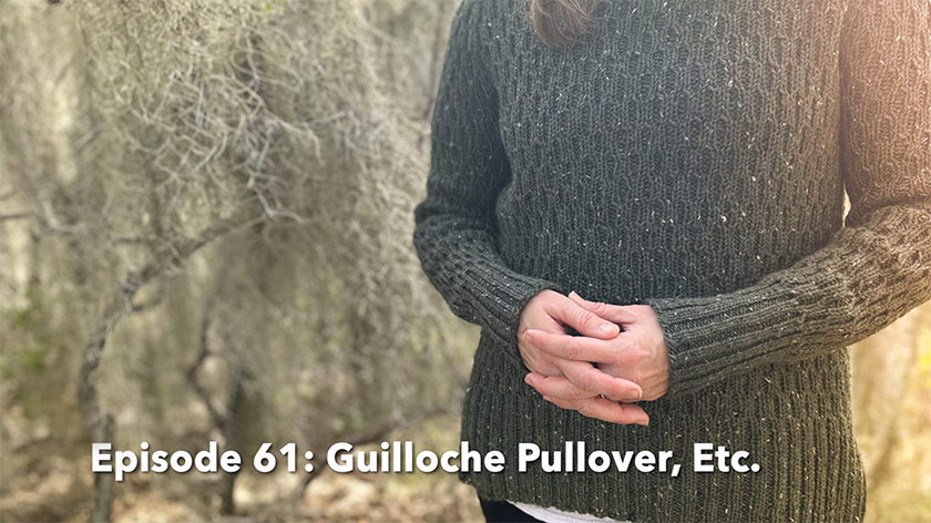 Image of me wearing my Guilloche Pullover on an afternoon hike under mossy trees.