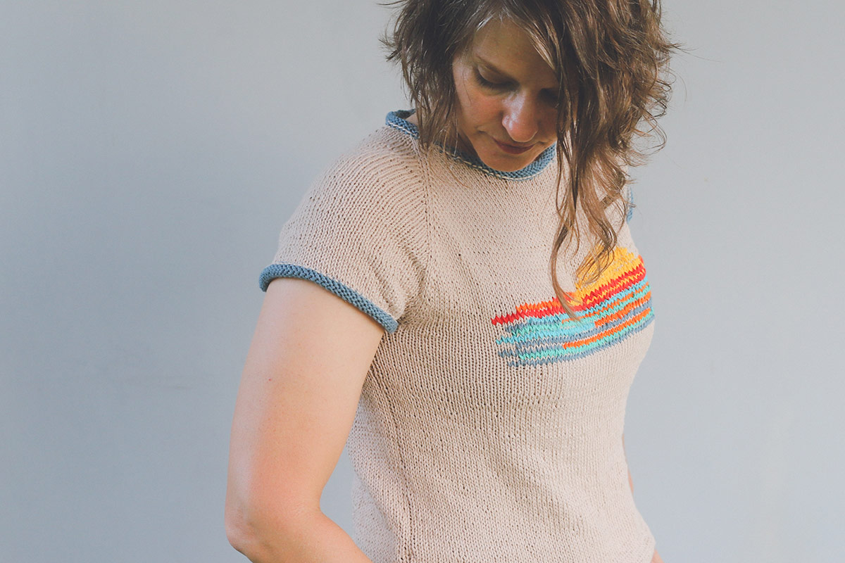 Image of me in my colorwork cotton Sunset Ringer Tee.