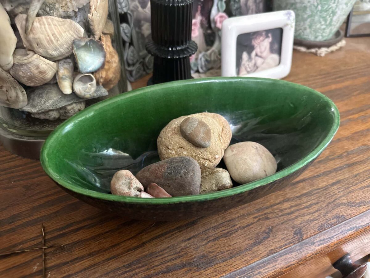 Images of a California Pottery planter I inherited that has been painted with a faux bronze effect.