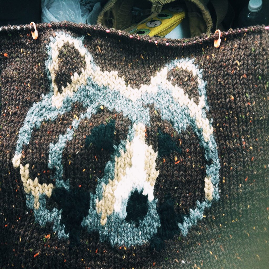 The outside of my intarsia bear face sweater, looking all nice and neat.