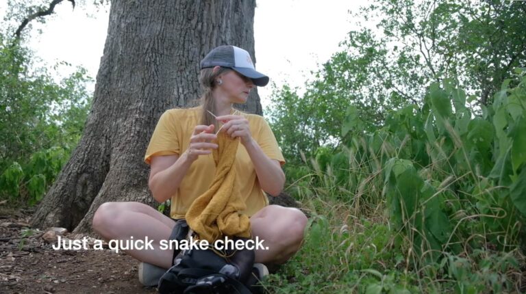 Image of me checking nervously for snakes as I knit under my favorite tree.