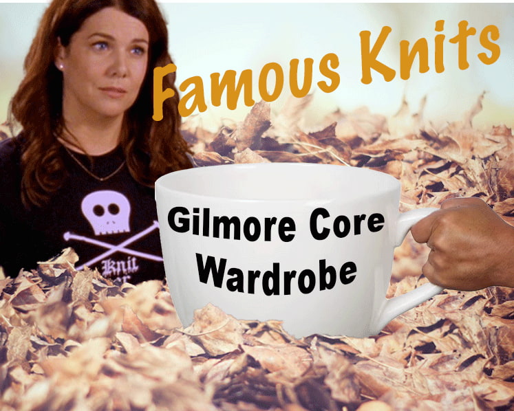 Image of Lorelai rising from a carpet of Fall leaves to receive a giant cup of coffee entitled A Gilmore Core Wardrobe.